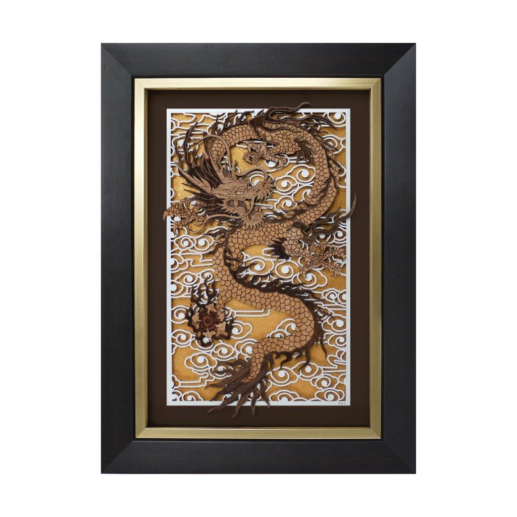 Prosperity Dragon chinese oriental design art piece home office decoration wood veneer wedding business corporate gift premium luxury hand-made present