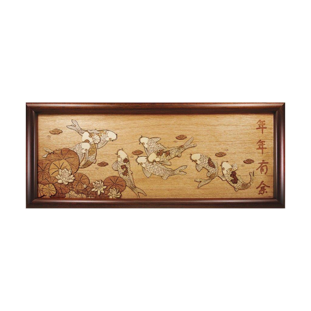 Prosperity koi chinese design art piece home office decoration wood veneer wedding business corporate gift premium luxury hand-made present