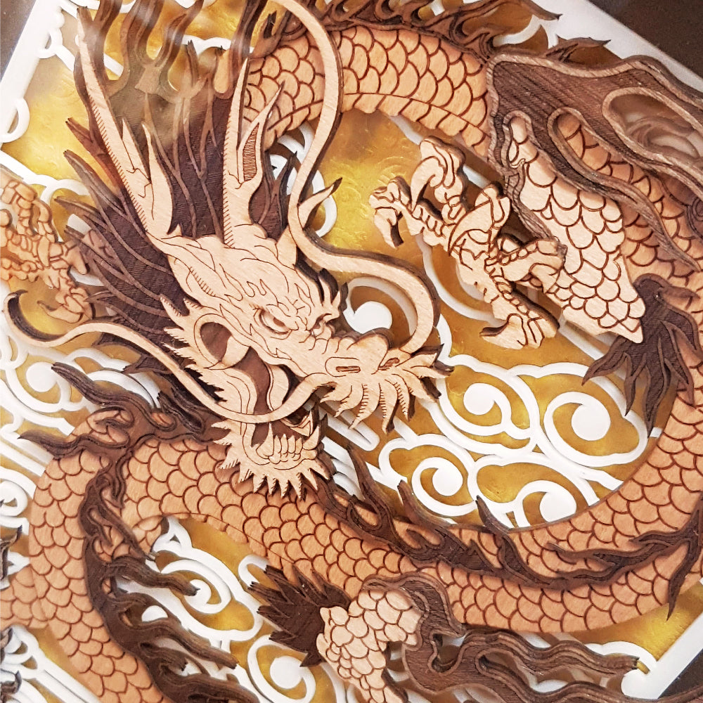 Prosperity Dragon chinese oriental design art piece home office decoration wood veneer wedding business corporate gift premium luxury hand-made present